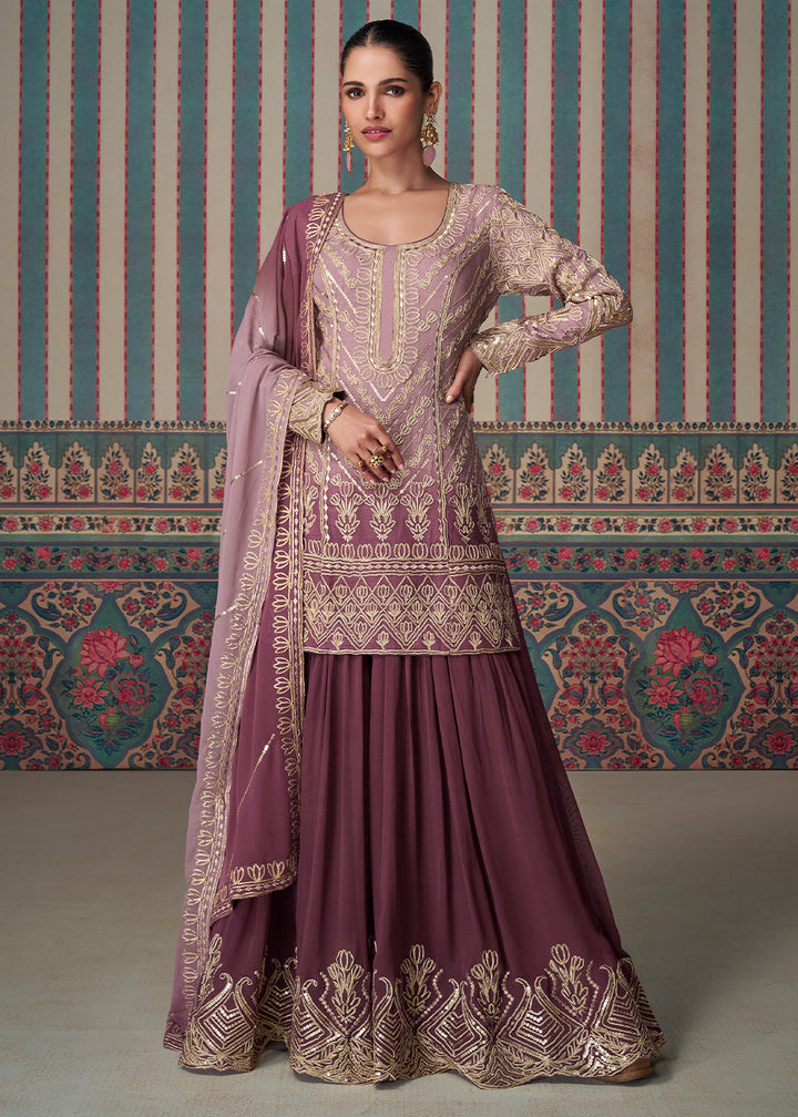 Shades Of Purple Embroidered Georgette Top & Sharara Set