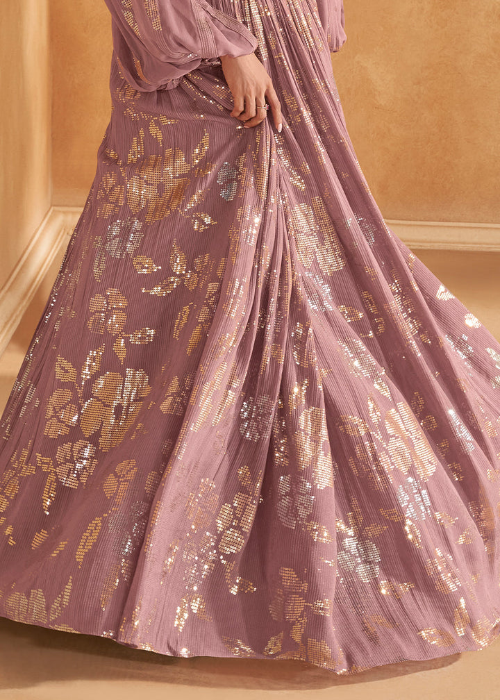 Opera Mauve Purple Chinon Silk Top & Skirt Set Ensemble Featuring Embroidery, Cancan & Handcrafted Tassels