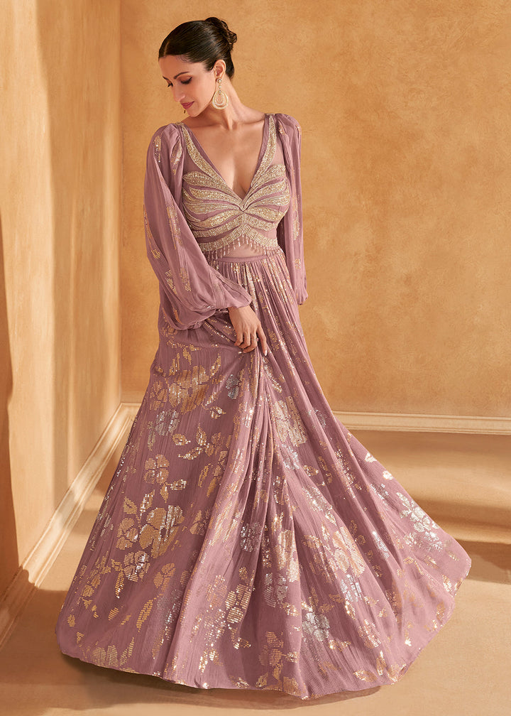 Opera Mauve Purple Chinon Silk Top & Skirt Set Ensemble Featuring Embroidery, Cancan & Handcrafted Tassels