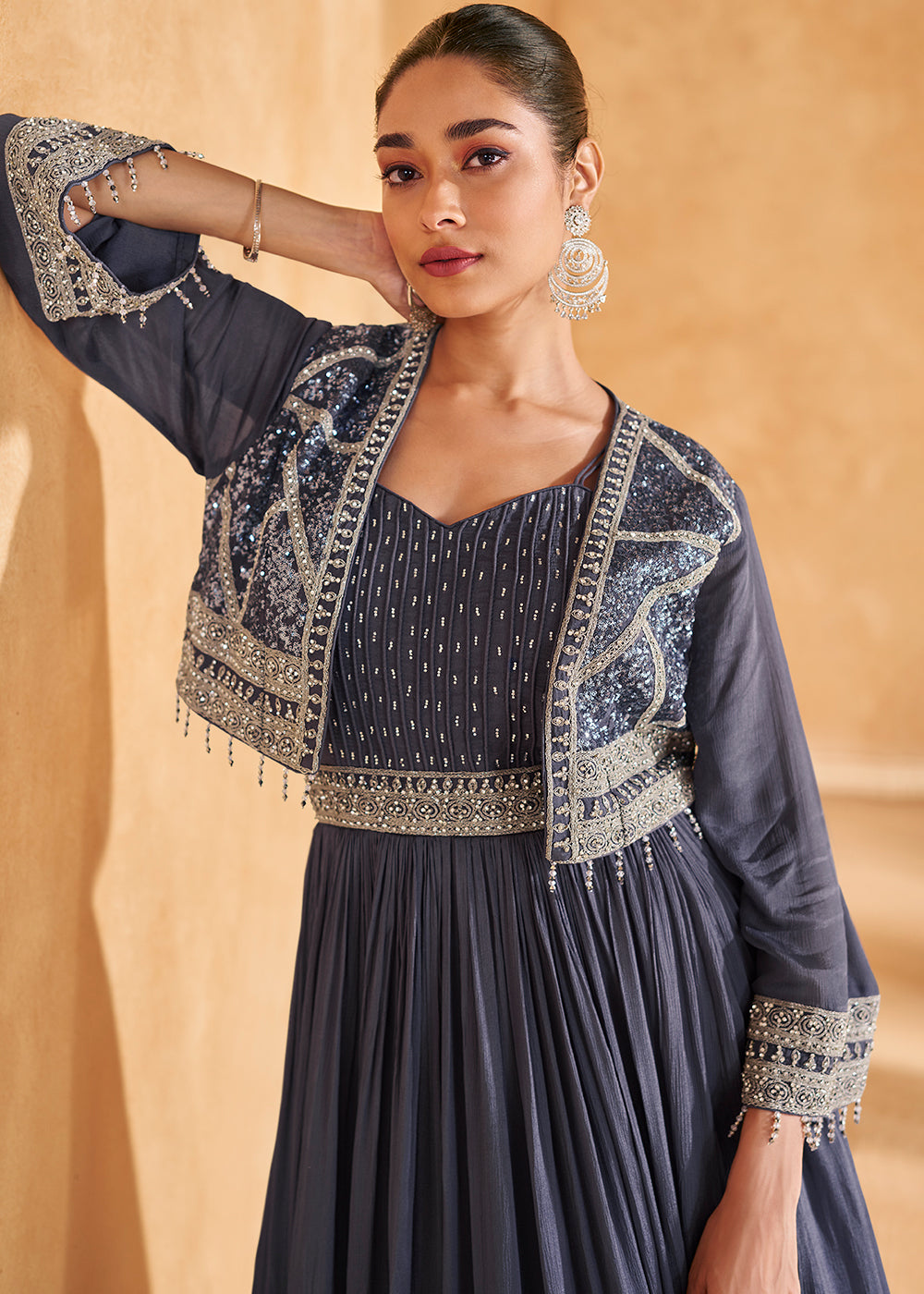 Slate Blue Chinon Silk Top & Skirt Set Ensemble Featuring Embroidery, Cancan & Handcrafted Tassels