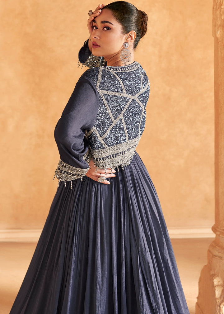 Slate Blue Chinon Silk Top & Skirt Set Ensemble Featuring Embroidery, Cancan & Handcrafted Tassels