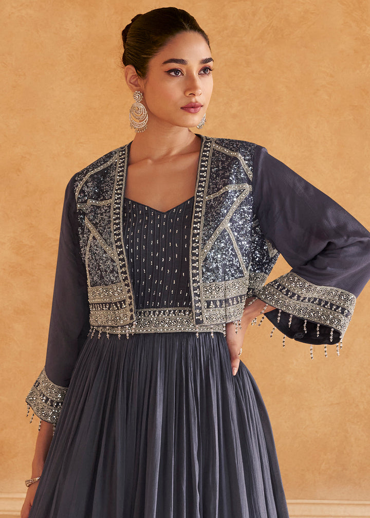 Slate Blue Chinon Silk Top & Skirt Set Ensemble Featuring Embroidery, Cancan & Handcrafted Tassels