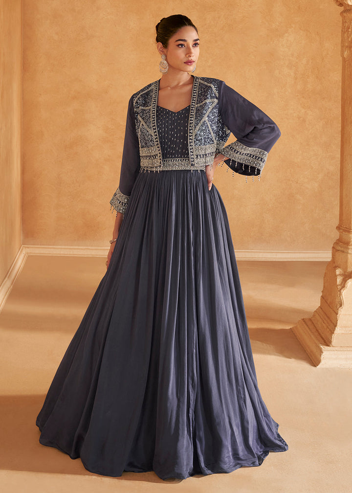 Slate Blue Chinon Silk Top & Skirt Set Ensemble Featuring Embroidery, Cancan & Handcrafted Tassels