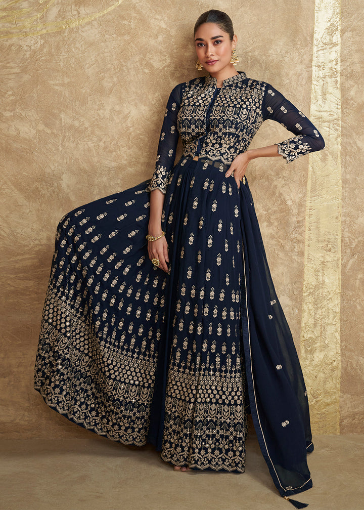 Space Blue Georgette Plazzo Suit with Intricate Embroidery