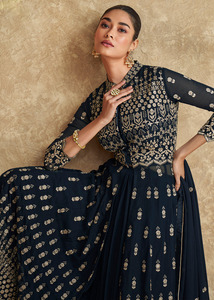 Space Blue Georgette Plazzo Suit with Intricate Embroidery