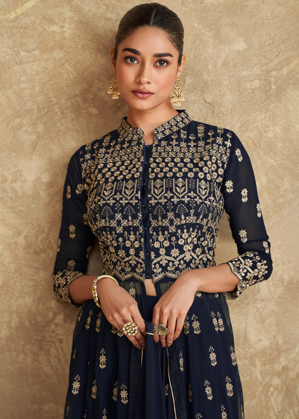 Space Blue Georgette Plazzo Suit with Intricate Embroidery