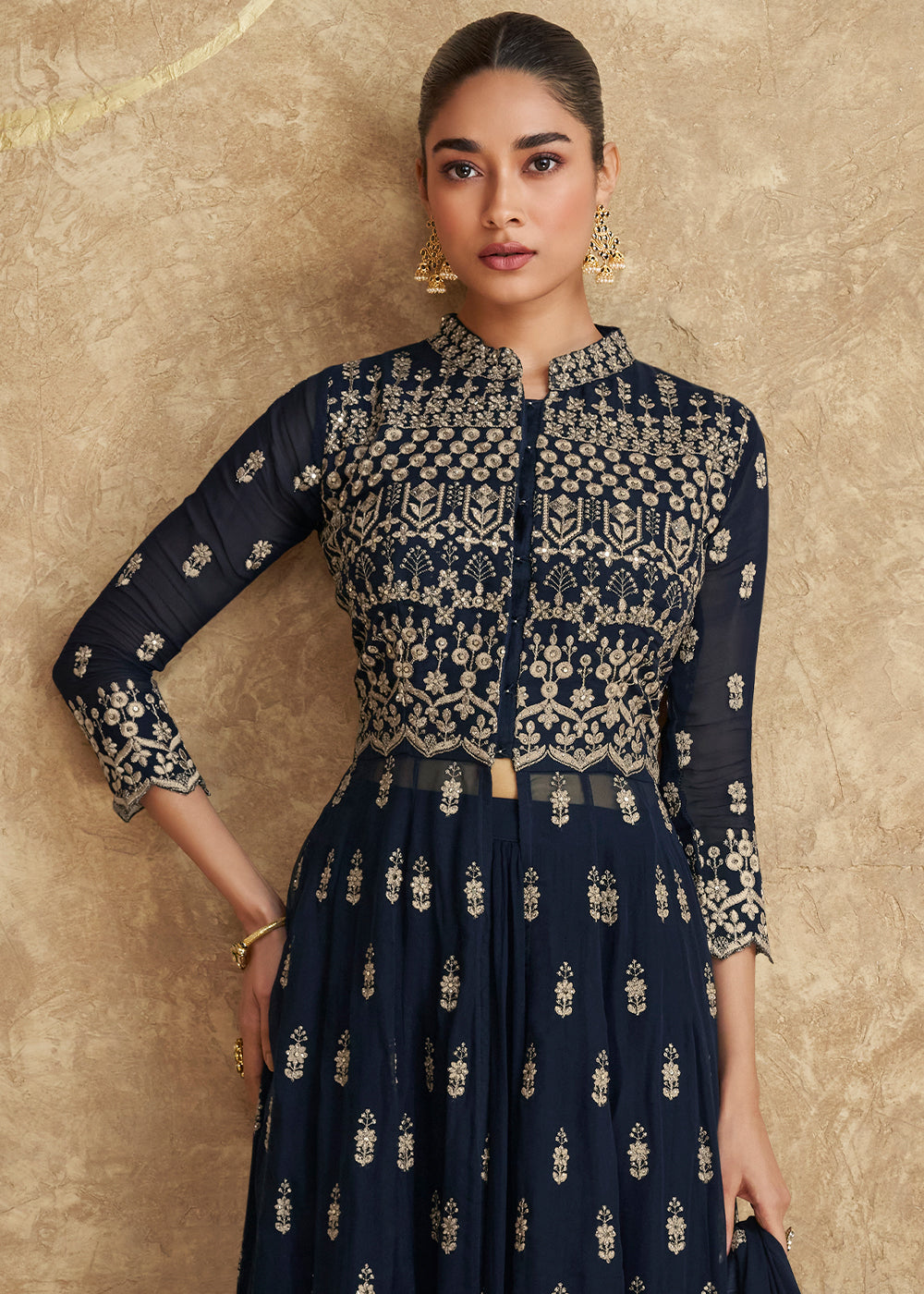 Space Blue Georgette Plazzo Suit with Intricate Embroidery