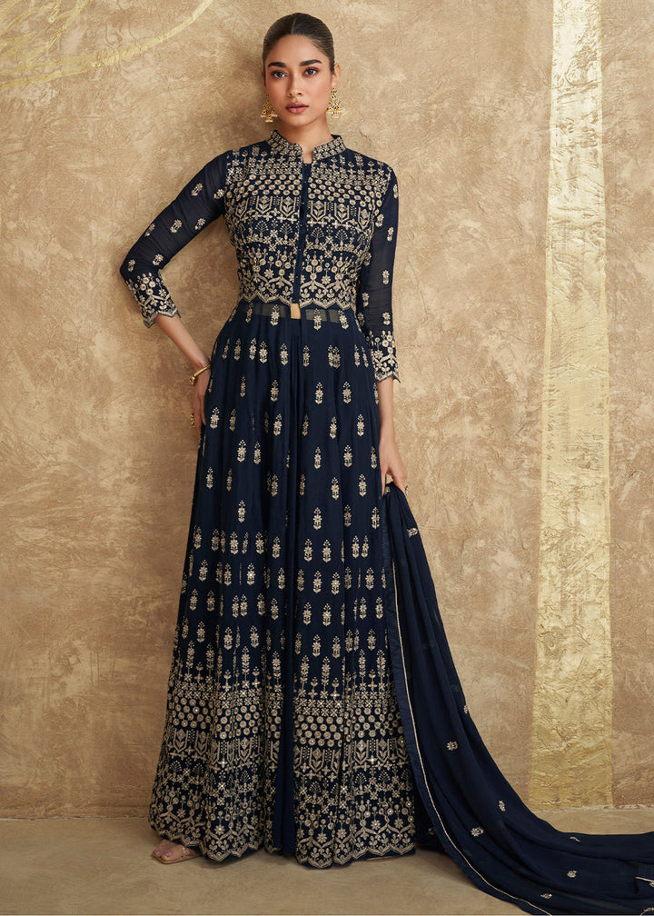 Space Blue Georgette Plazzo Suit with Intricate Embroidery