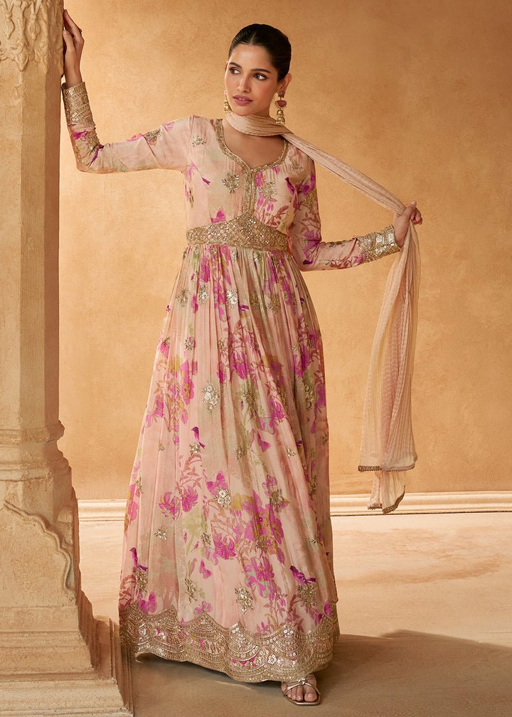 Peach Pink Chinon Silk Anarkali Gown with Floral Print and Embroidery