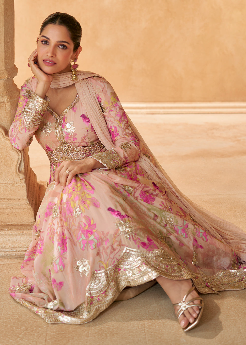 Peach Pink Chinon Silk Anarkali Gown with Floral Print and Embroidery