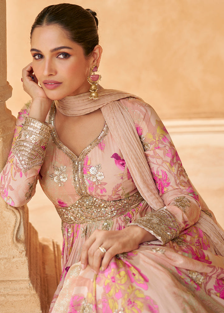 Peach Pink Chinon Silk Anarkali Gown with Floral Print and Embroidery