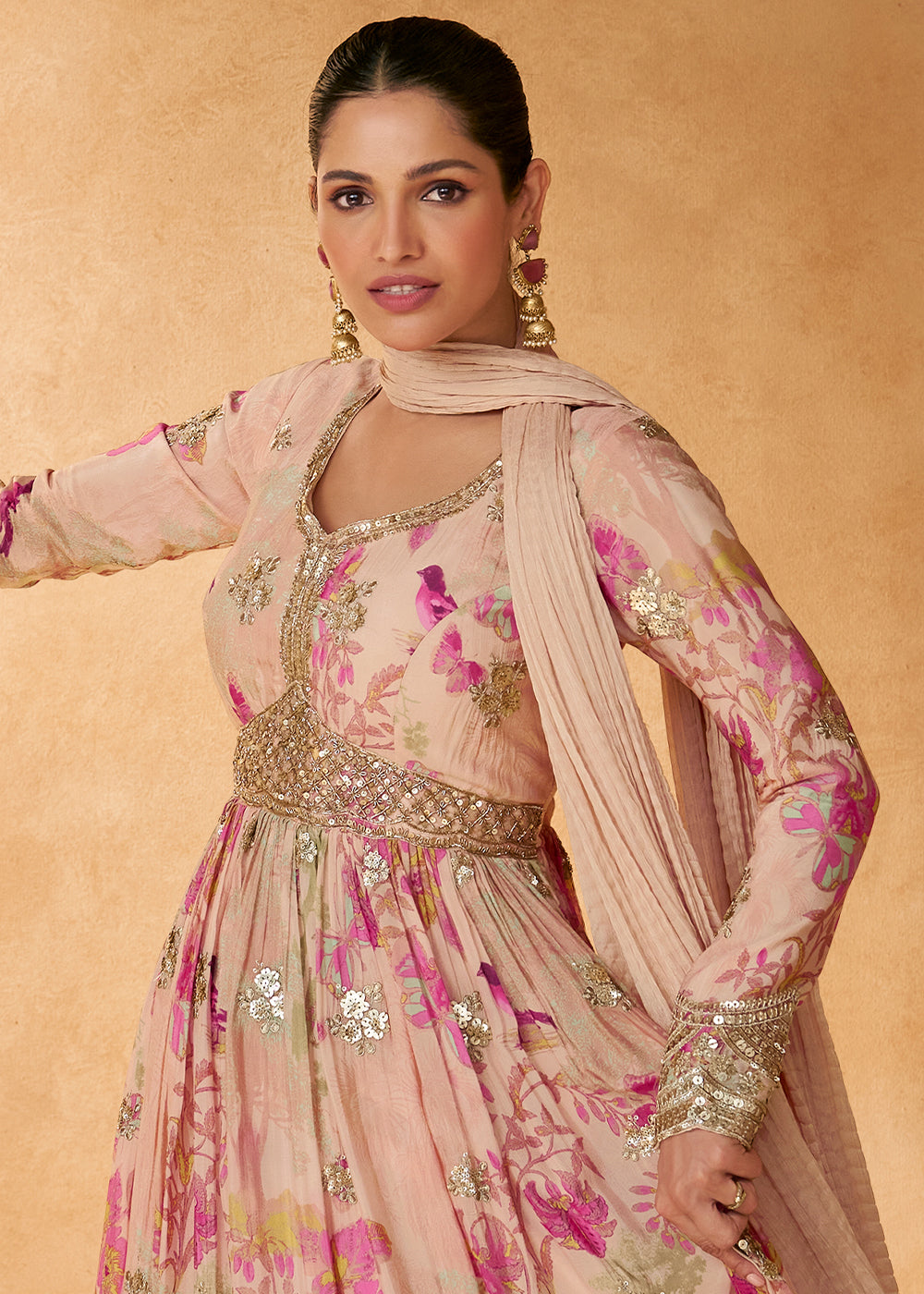 Peach Pink Chinon Silk Anarkali Gown with Floral Print and Embroidery