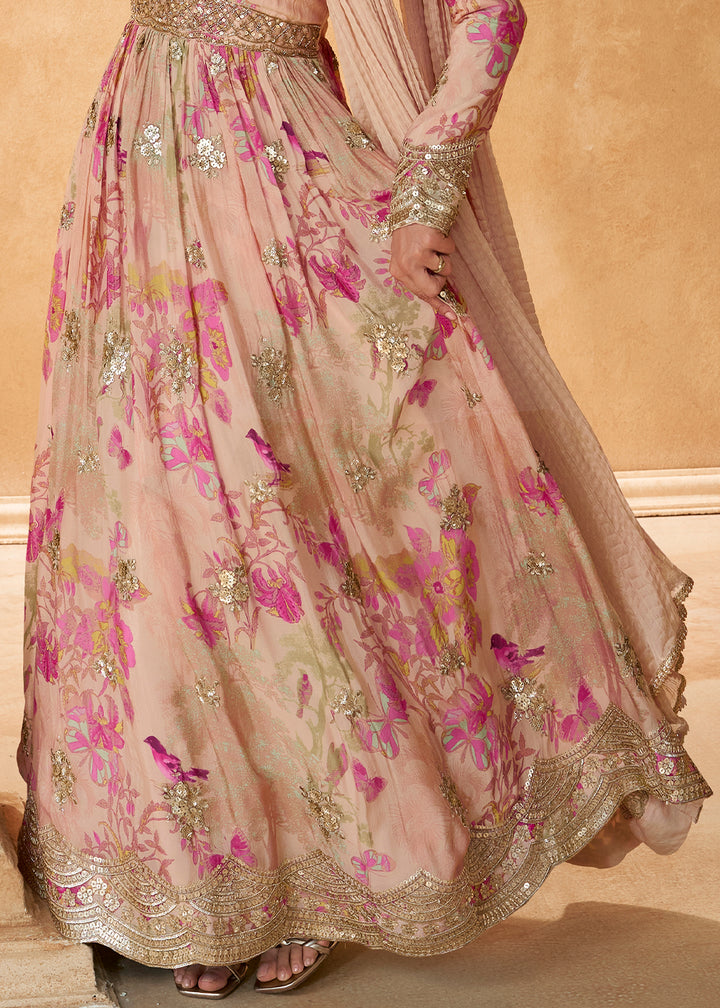 Peach Pink Chinon Silk Anarkali Gown with Floral Print and Embroidery