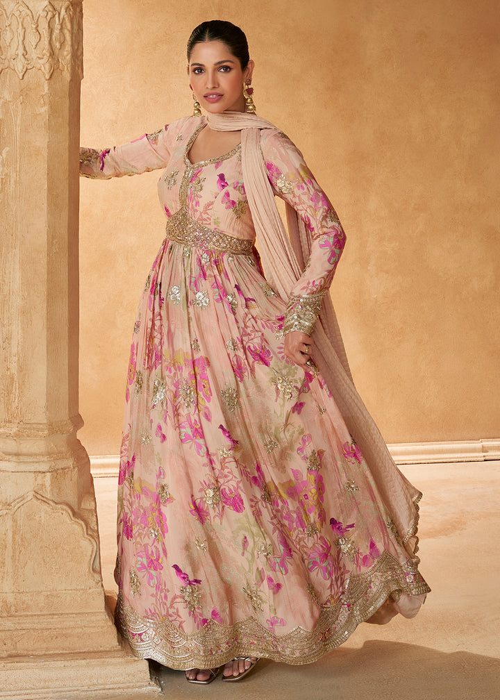 Peach Pink Chinon Silk Anarkali Gown with Floral Print and Embroidery