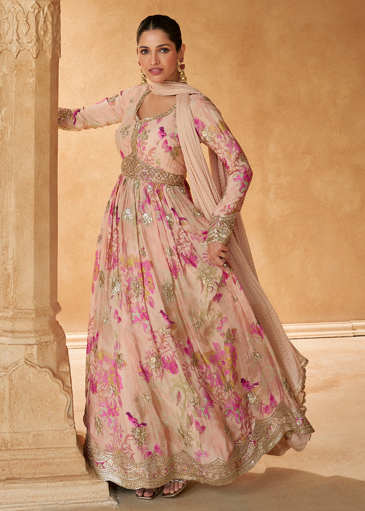 Peach Pink Chinon Silk Anarkali Gown with Floral Print and Embroidery