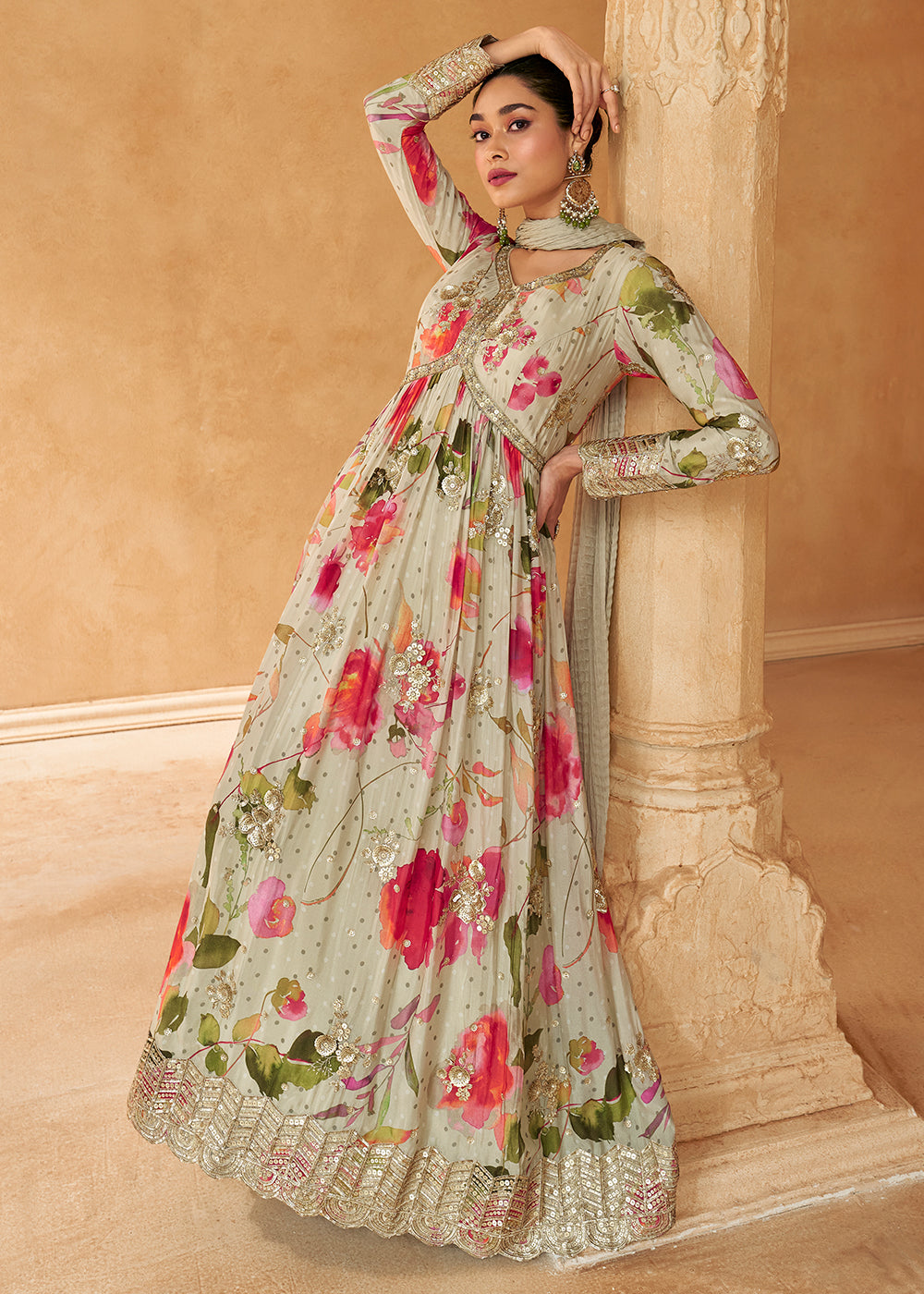 Tea Green Chinon Silk Anarkali Gown with Floral Print and Embroidery