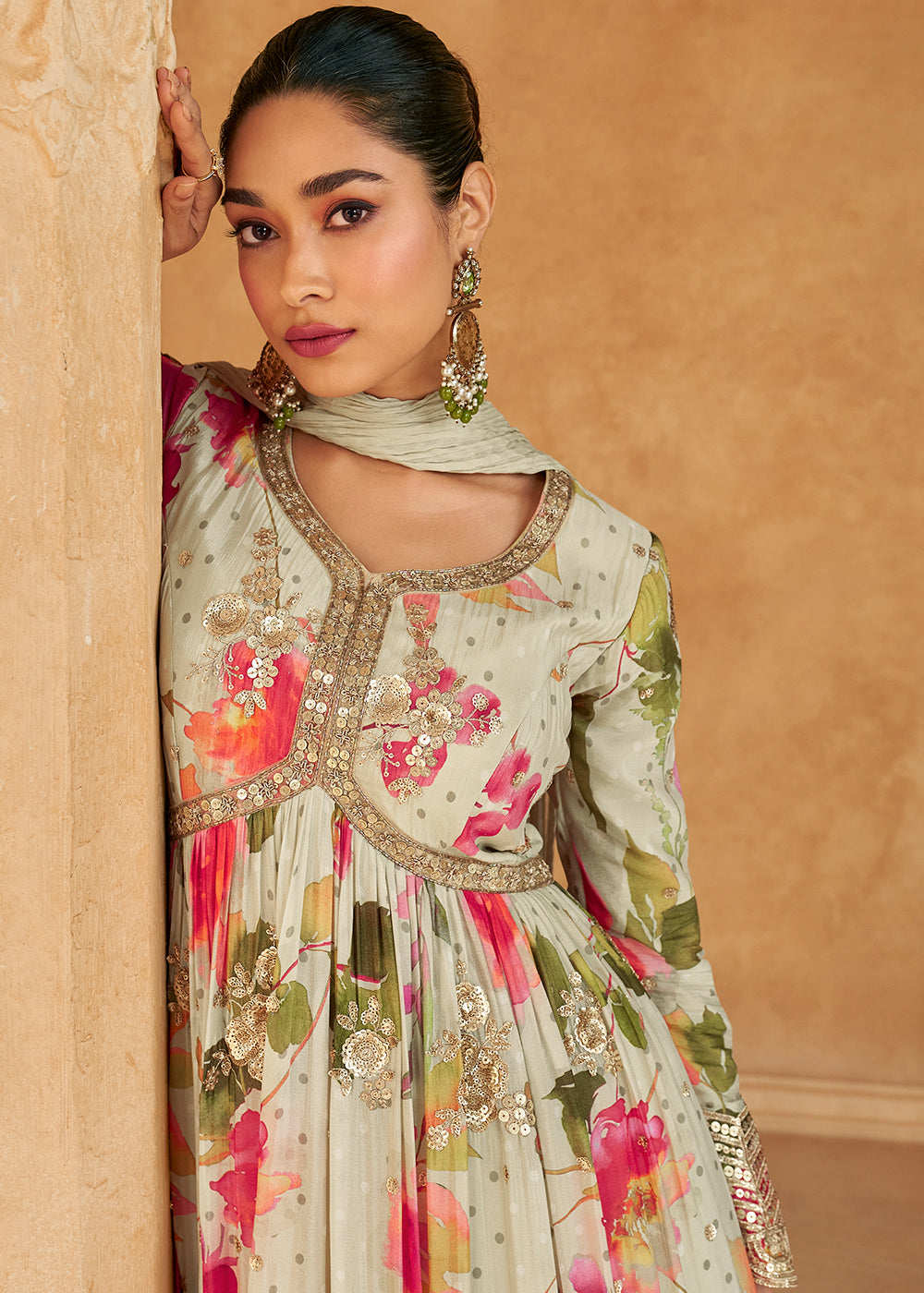 Tea Green Chinon Silk Anarkali Gown with Floral Print and Embroidery