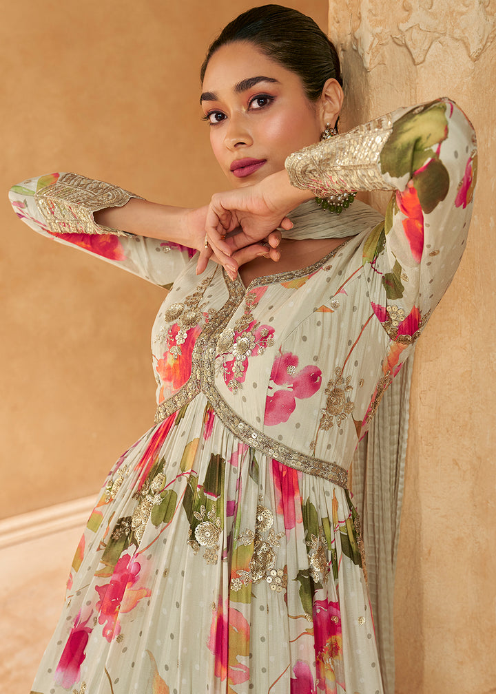 Tea Green Chinon Silk Anarkali Gown with Floral Print and Embroidery