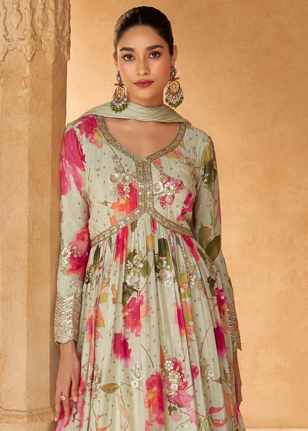 Tea Green Chinon Silk Anarkali Gown with Floral Print and Embroidery