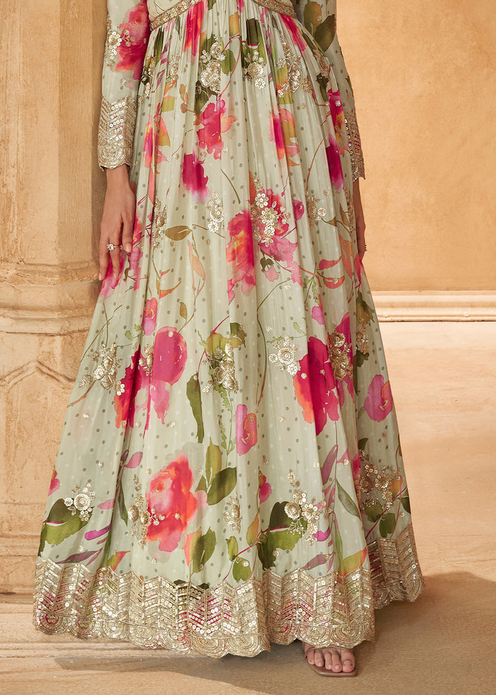 Tea Green Chinon Silk Anarkali Gown with Floral Print and Embroidery