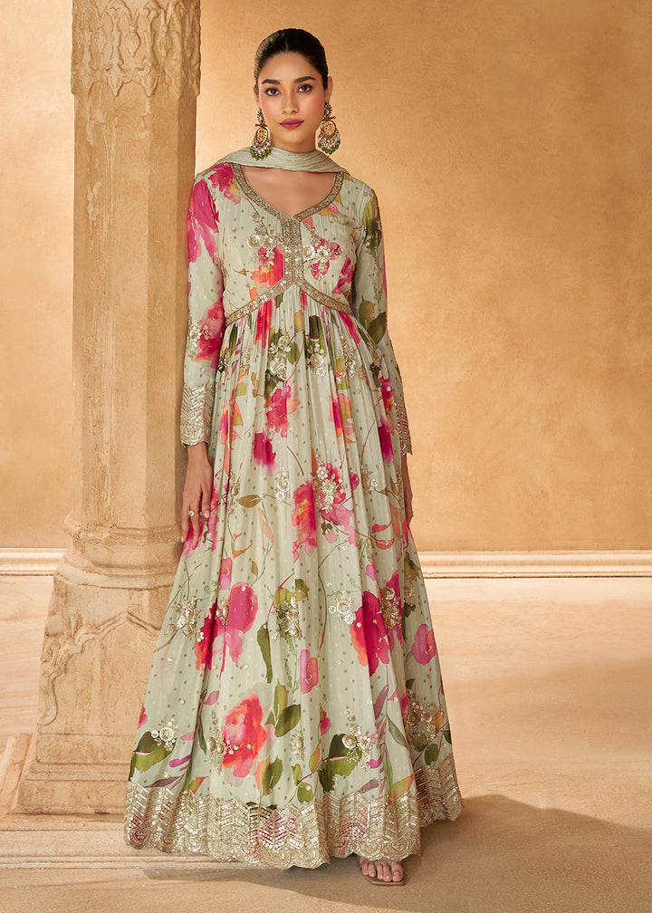 Tea Green Chinon Silk Anarkali Gown with Floral Print and Embroidery