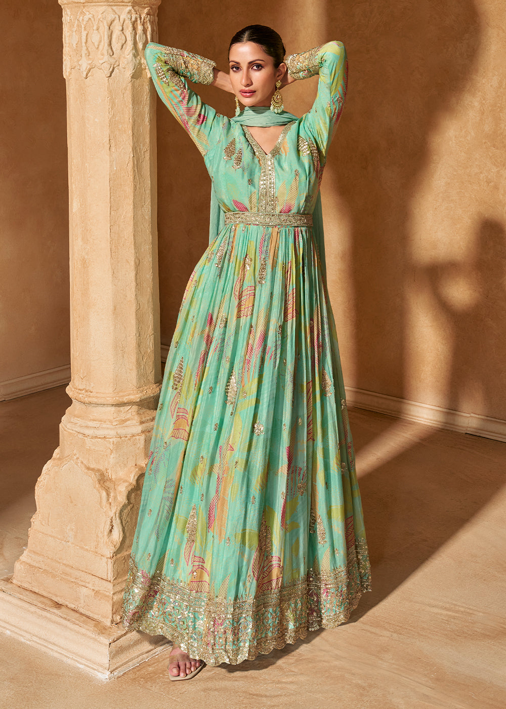 Pastel Green Chinon Silk Anarkali Gown with Floral Print and Embroidery