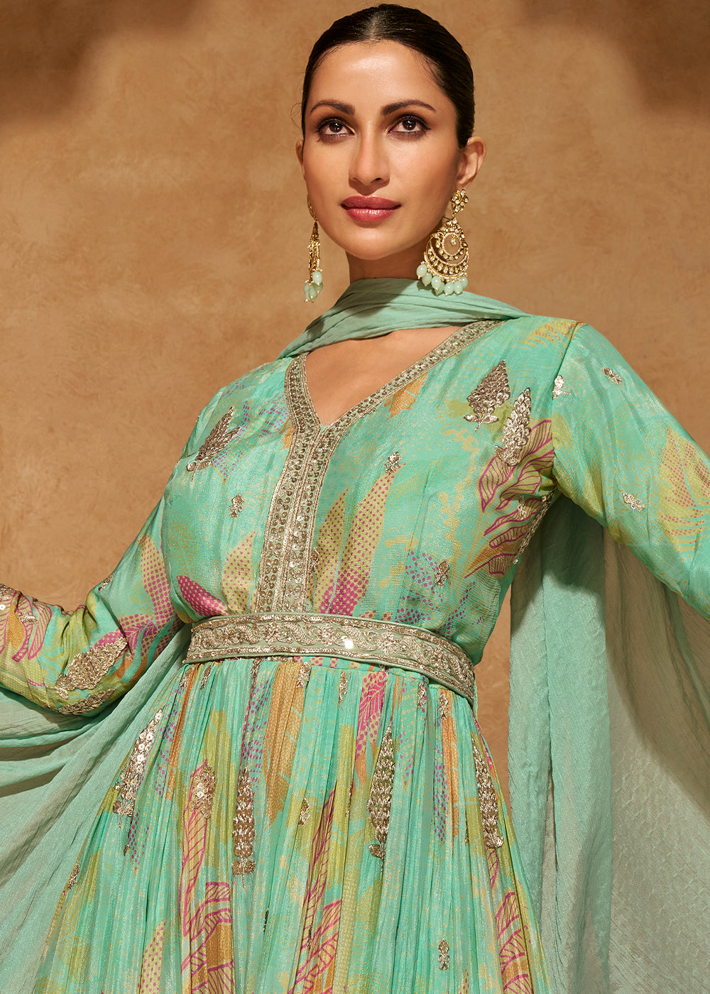 Pastel Green Chinon Silk Anarkali Gown with Floral Print and Embroidery