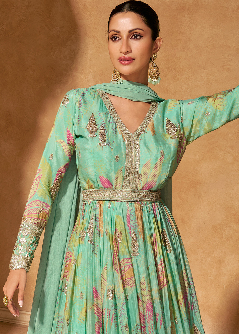 Pastel Green Chinon Silk Anarkali Gown with Floral Print and Embroidery