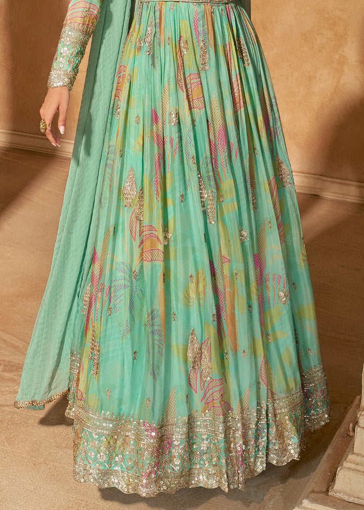 Pastel Green Chinon Silk Anarkali Gown with Floral Print and Embroidery