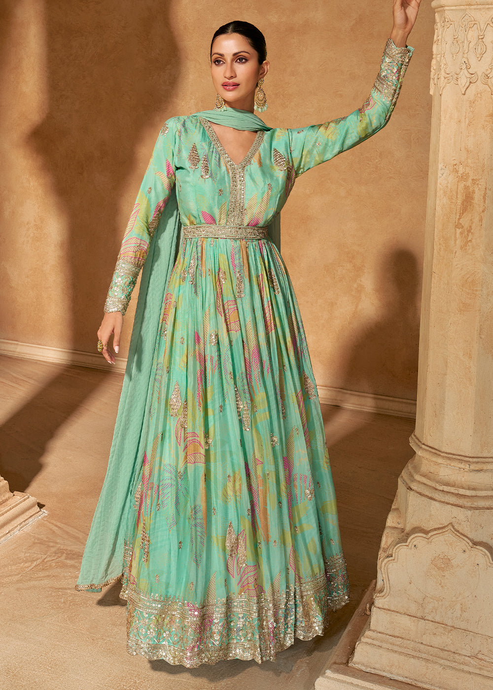 Pastel Green Chinon Silk Anarkali Gown with Floral Print and Embroidery