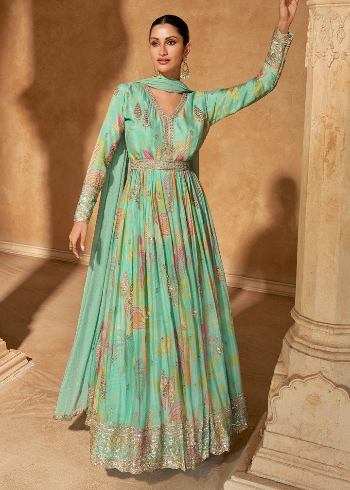 Pastel Green Chinon Silk Anarkali Gown with Floral Print and Embroidery