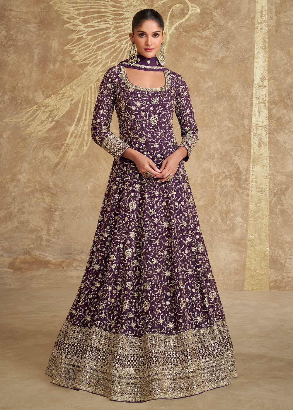 Plum Purple Georgette Anarkali Gown Featuring Full Embroidery Work