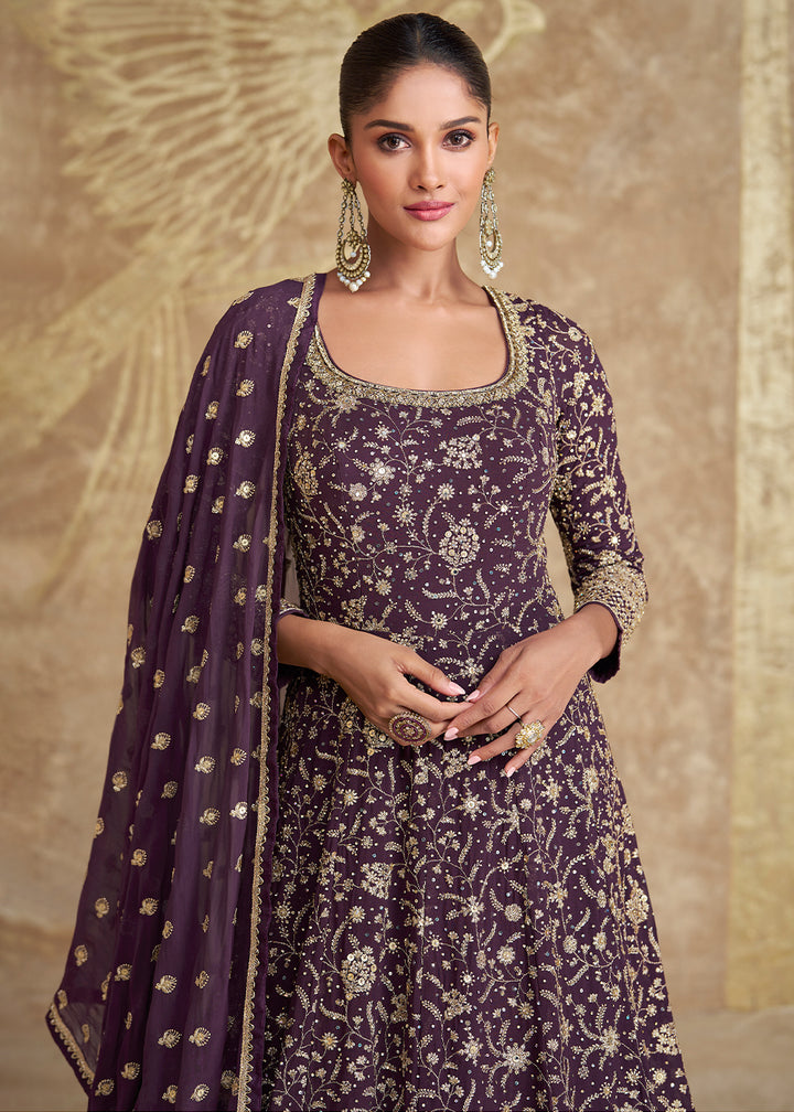 Plum Purple Georgette Anarkali Gown Featuring Full Embroidery Work