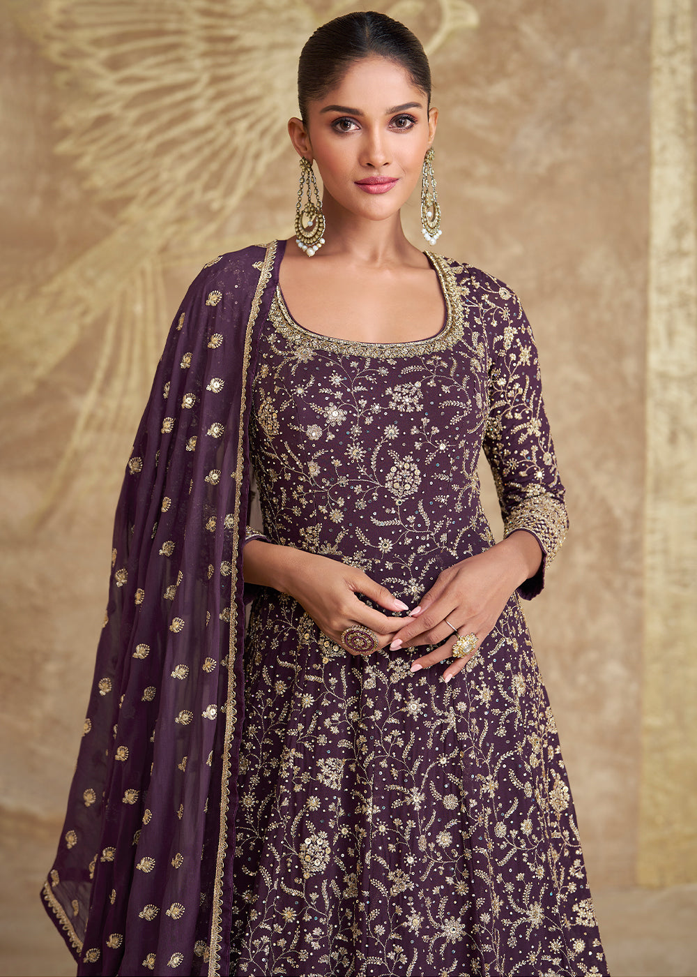 Eggplant Purple Fully Embroidered Georgette Anarkali Gown