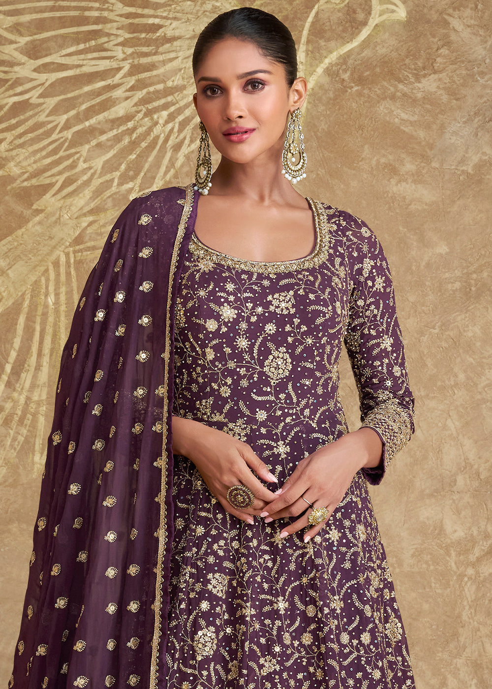 Eggplant Purple Fully Embroidered Georgette Anarkali Gown