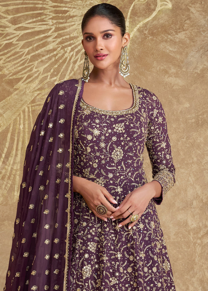 Plum Purple Georgette Anarkali Gown Featuring Full Embroidery Work