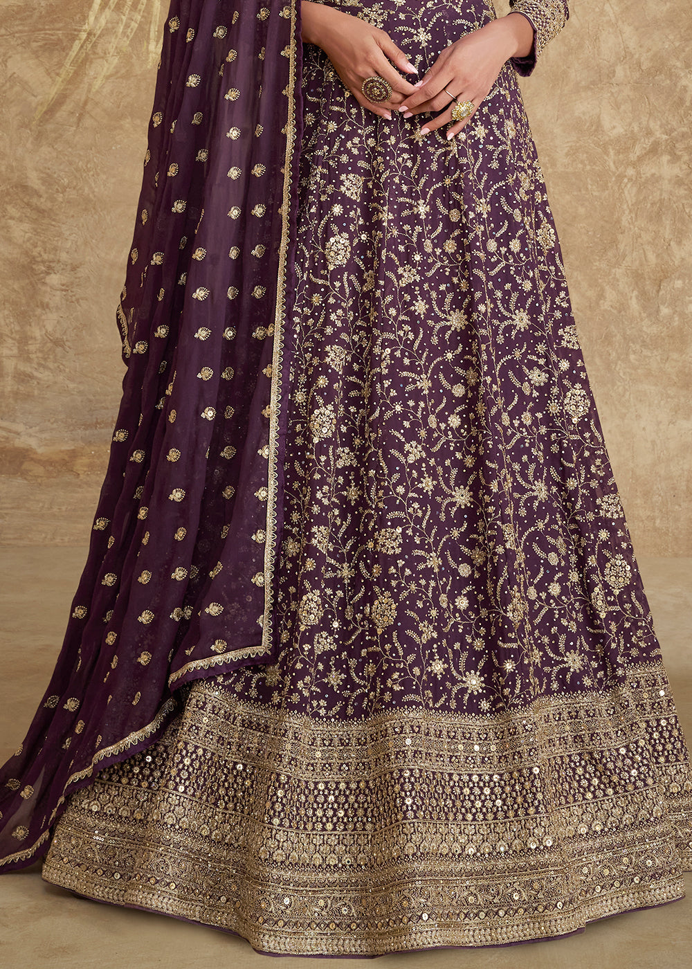 Plum Purple Georgette Anarkali Gown Featuring Full Embroidery Work