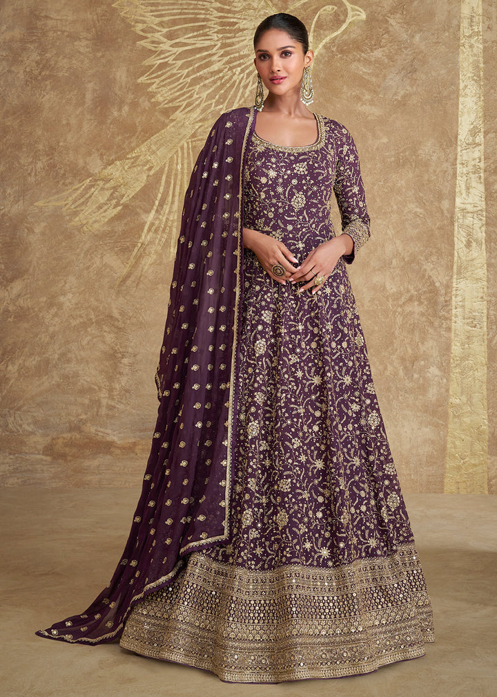 Plum Purple Georgette Anarkali Gown Featuring Full Embroidery Work