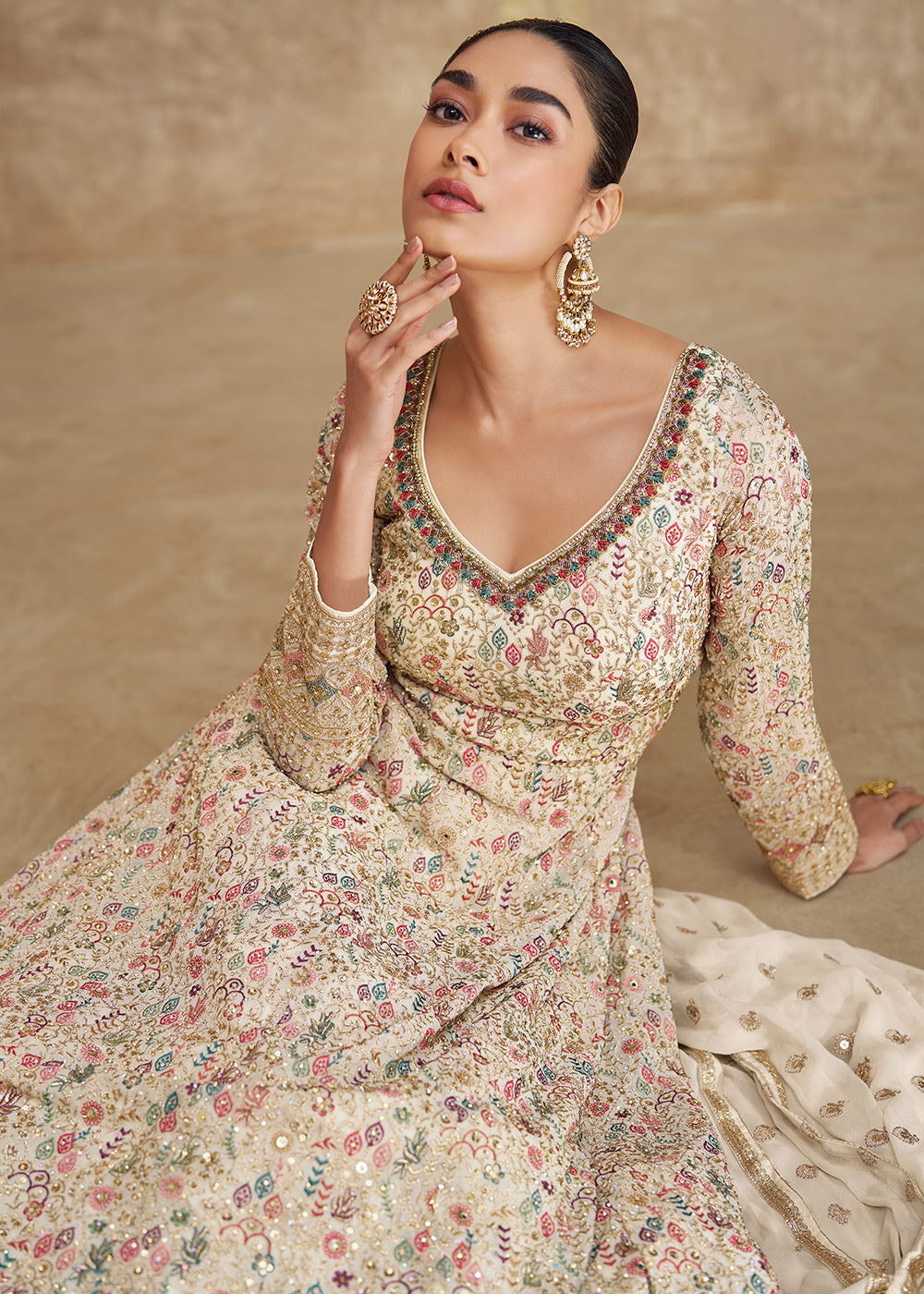 Rice White Georgette Anarkali Gown Featuring Full Embroidery Work