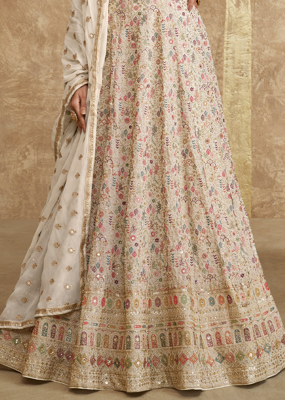 Rice White Georgette Anarkali Gown Featuring Full Embroidery Work