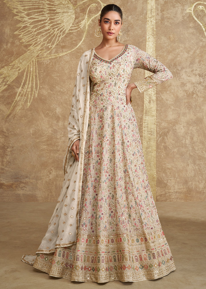 Rice White Georgette Anarkali Gown Featuring Full Embroidery Work