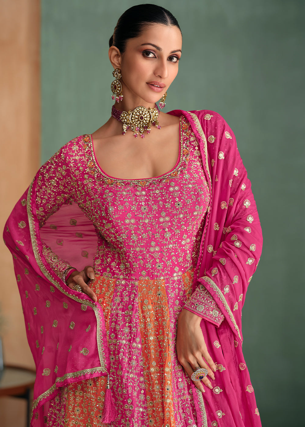 Shades Of Pink Fully Embroidered Georgette Anarkali Gown