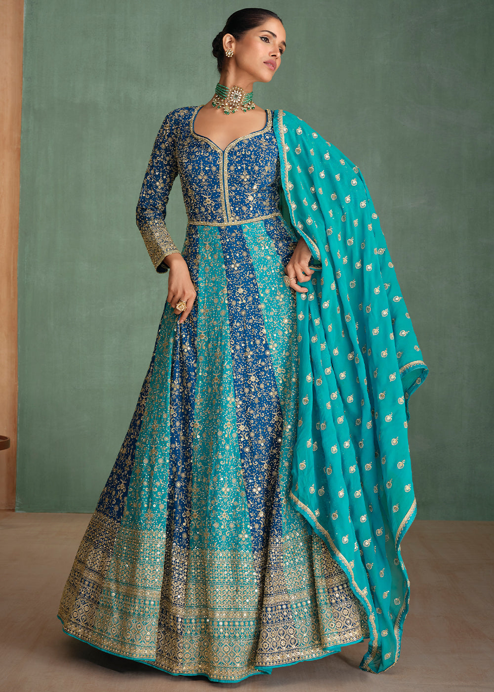 Shades Of Blue Fully Embroidered Georgette Anarkali Gown