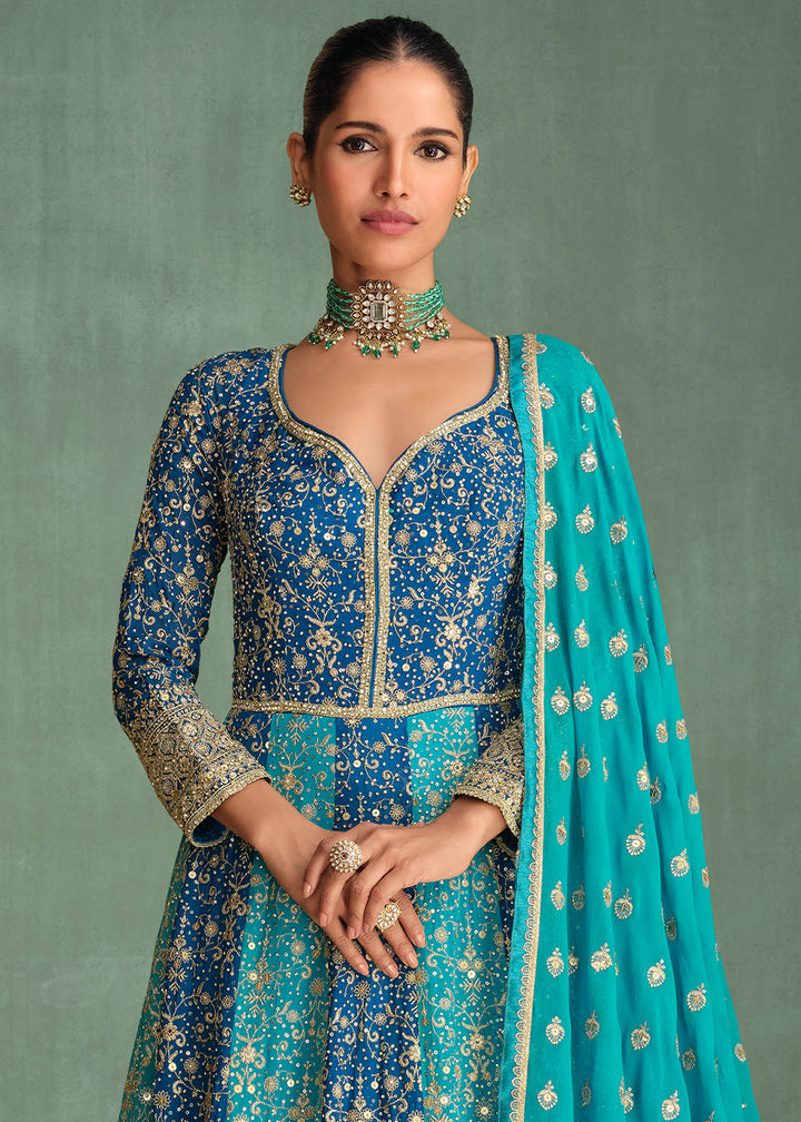 Shades Of Blue Fully Embroidered Georgette Anarkali Gown