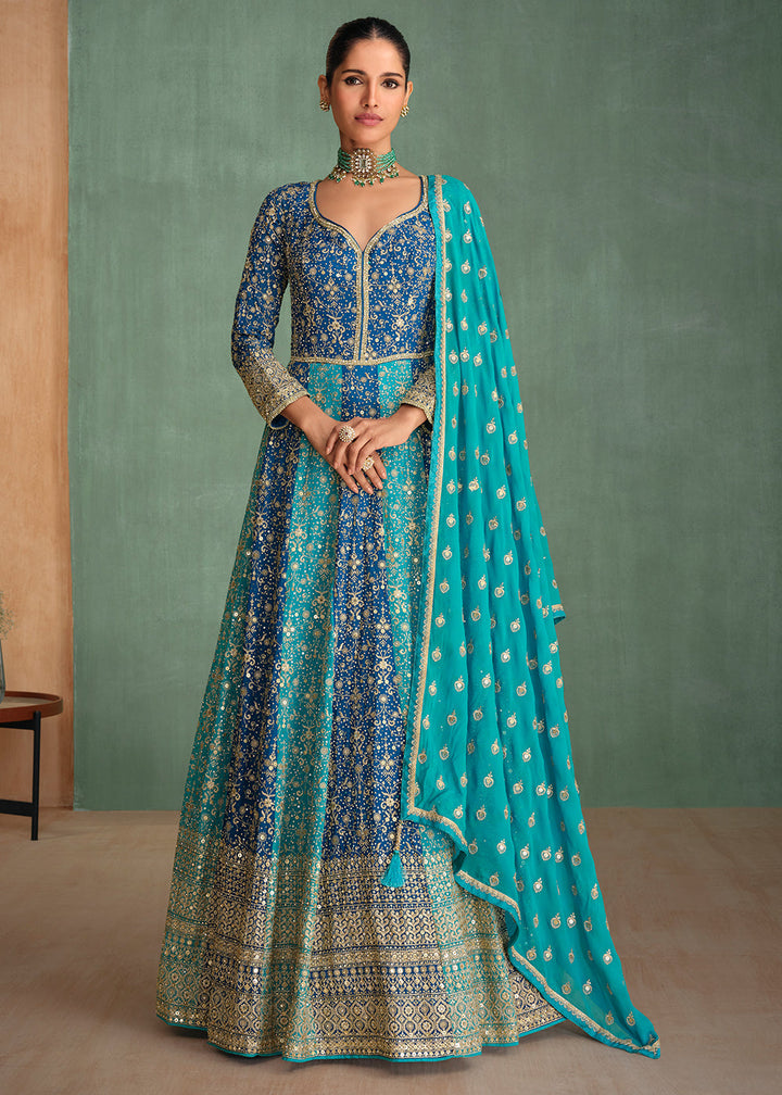 Shades Of Blue Fully Embroidered Georgette Anarkali Gown