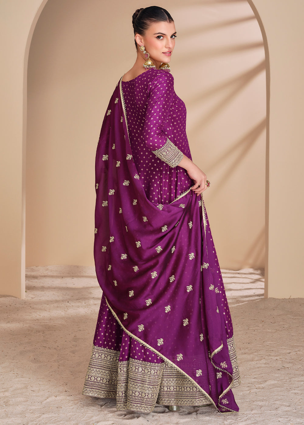 Lollipop Purple Jacquard Silk Anarkali Gown with Intricate Front & Back Embroidery