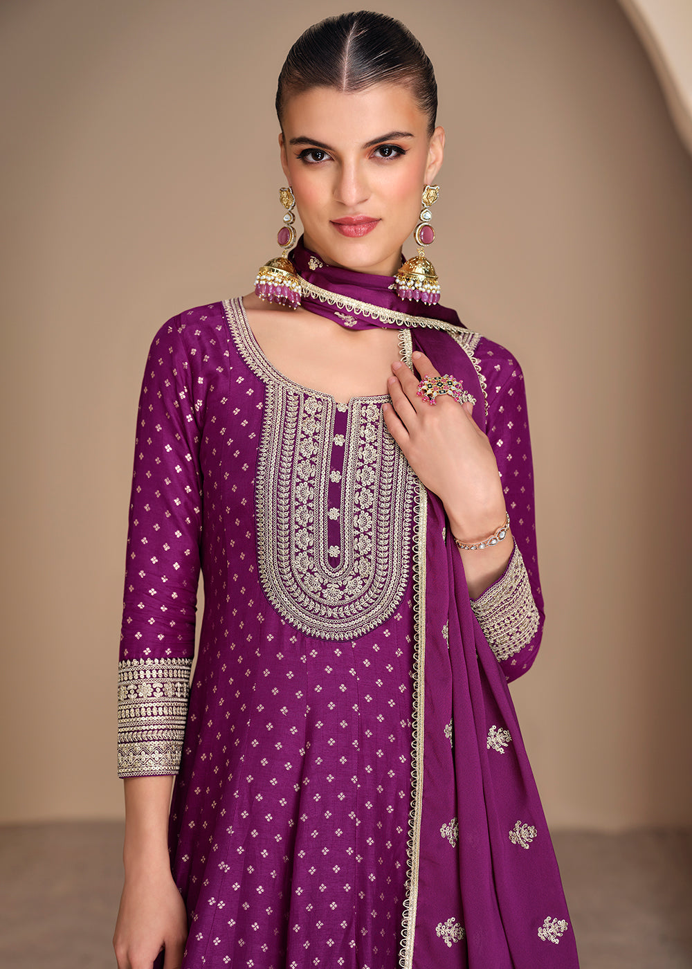 Lollipop Purple Jacquard Silk Anarkali Gown with Intricate Front & Back Embroidery