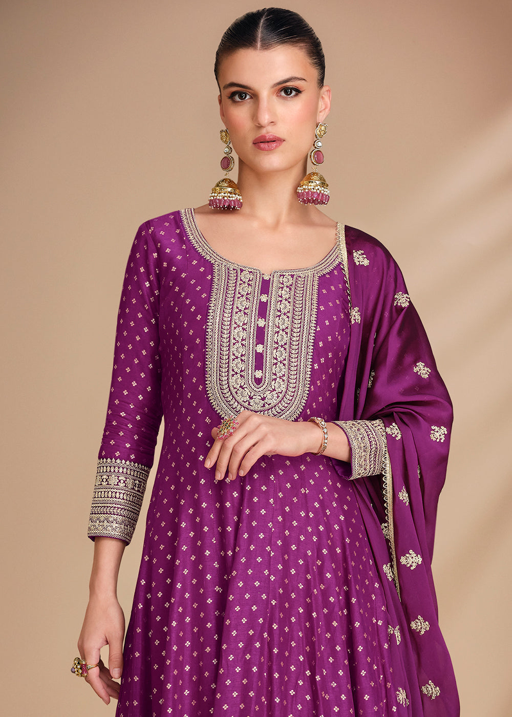 Lollipop Purple Jacquard Silk Anarkali Gown with Intricate Front & Back Embroidery