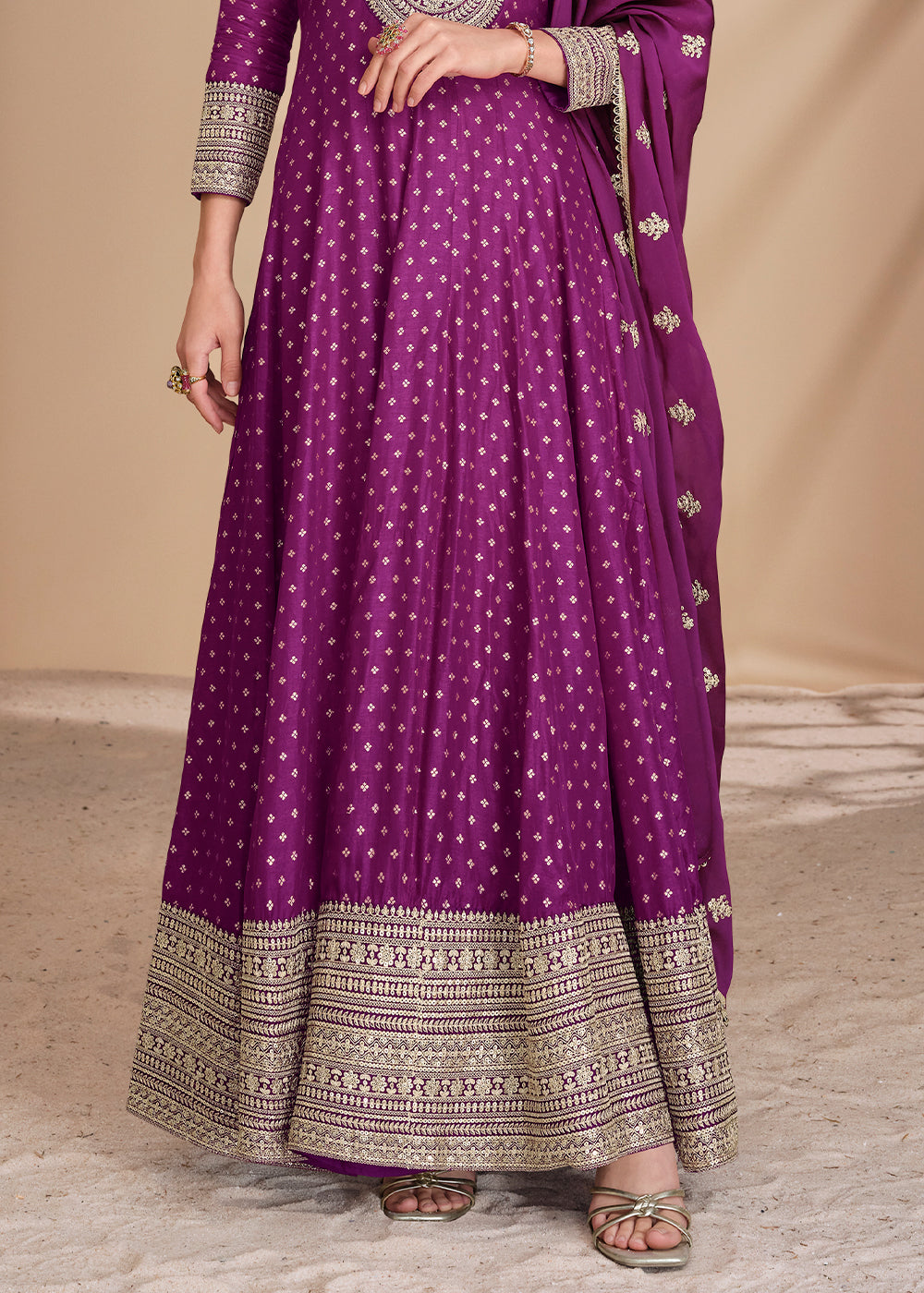 Lollipop Purple Jacquard Silk Anarkali Gown with Intricate Front & Back Embroidery