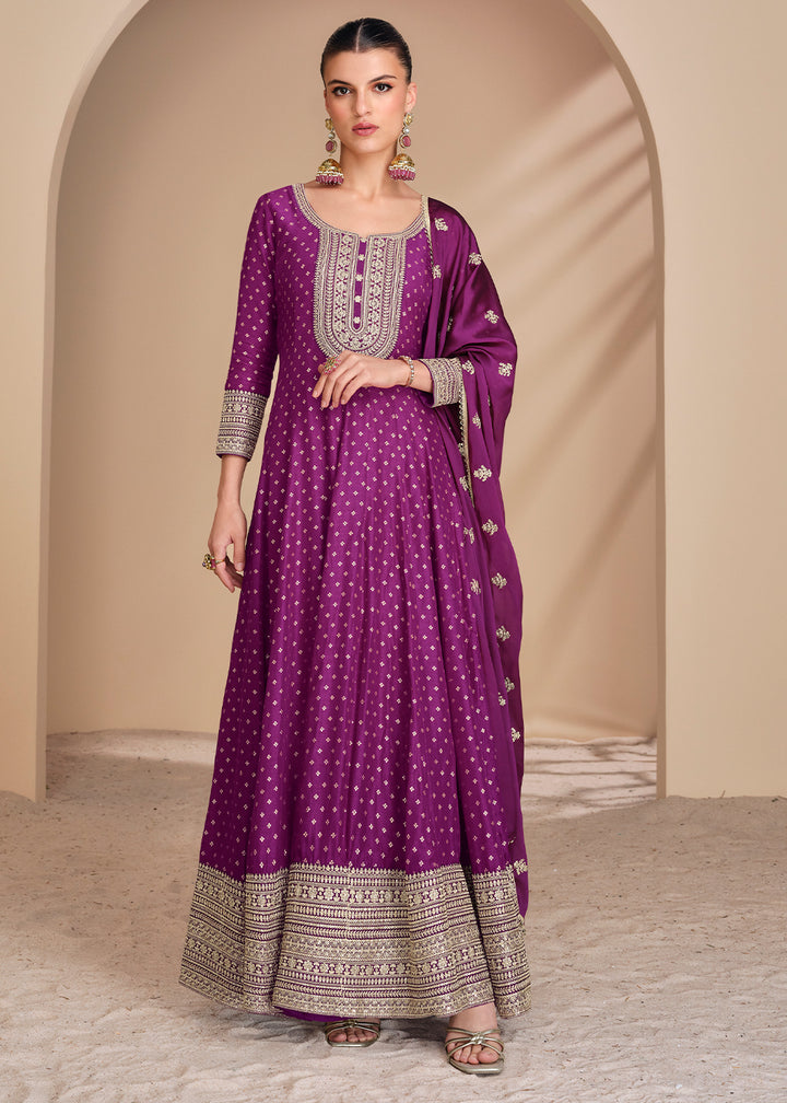 Lollipop Purple Jacquard Silk Anarkali Gown with Intricate Front & Back Embroidery